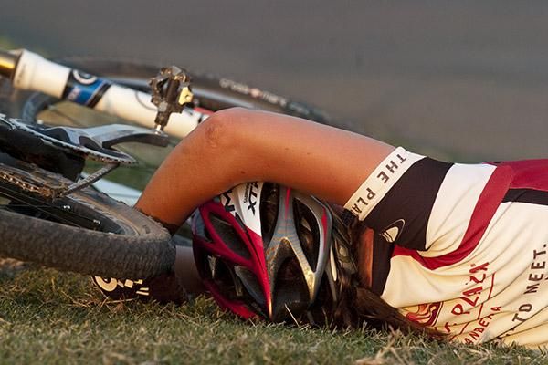 Rebecca Henderson recovers after pushing Rowena Fry to the line in the women's elite short course race.