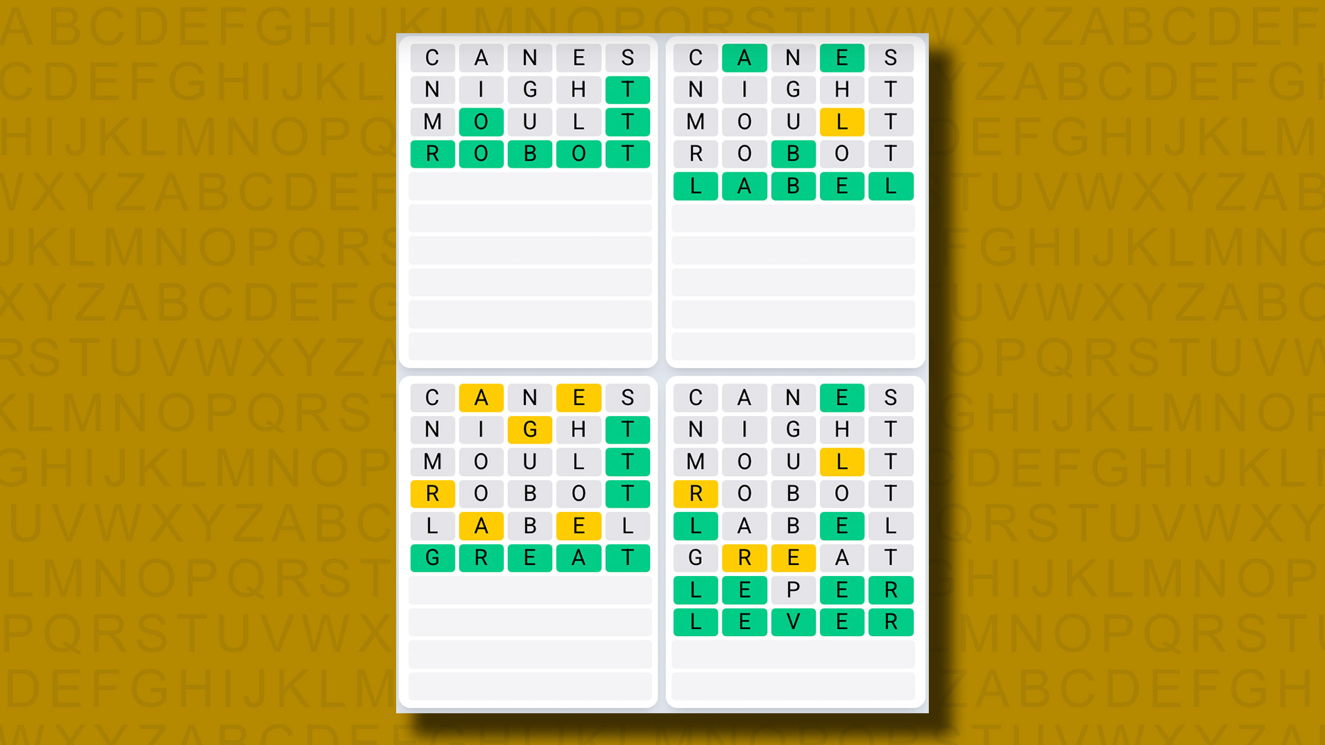 Quordle Daily Sequence answers for game 1206 on a yellow background