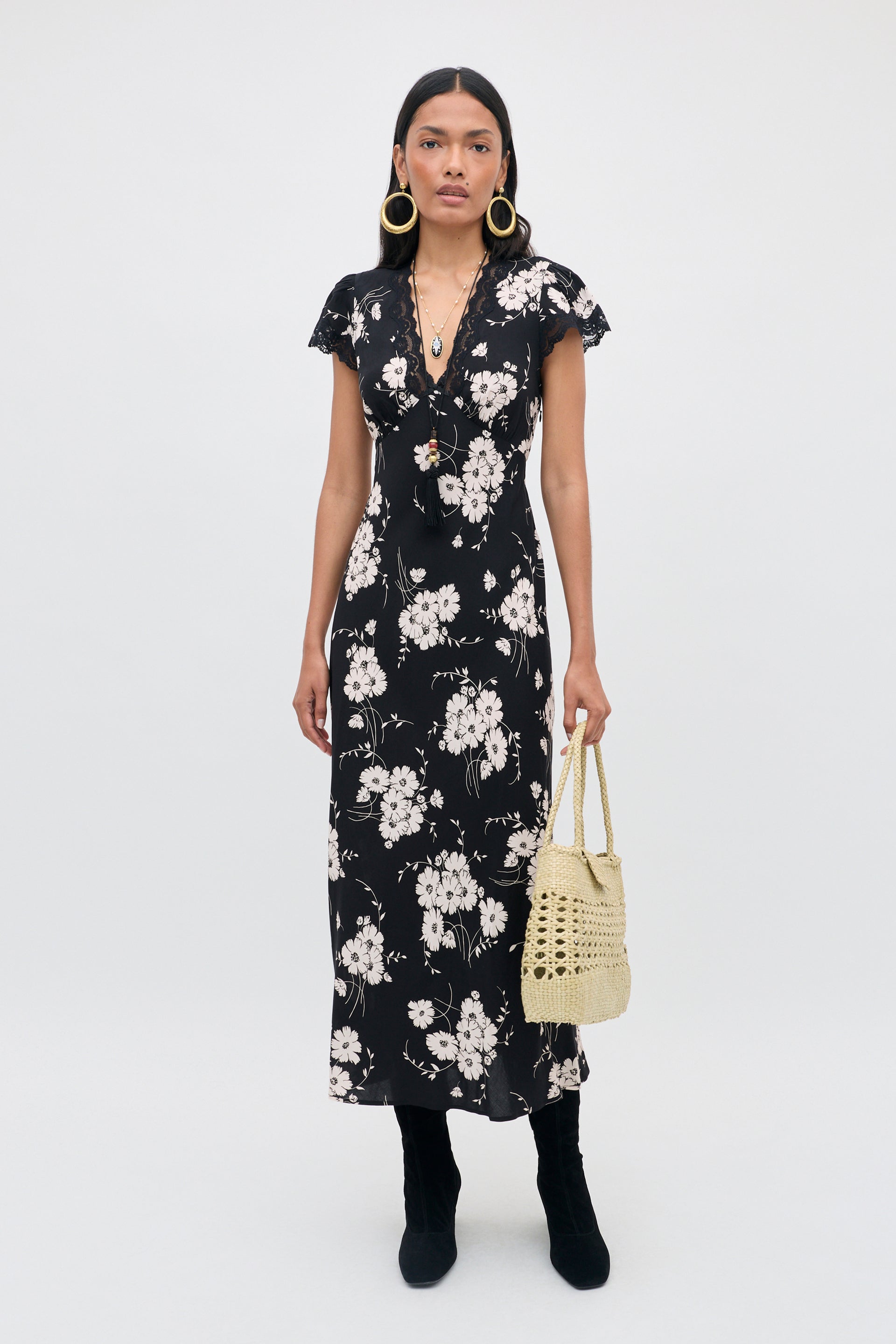 Clarice Midi Dress in Daisy Field Black
