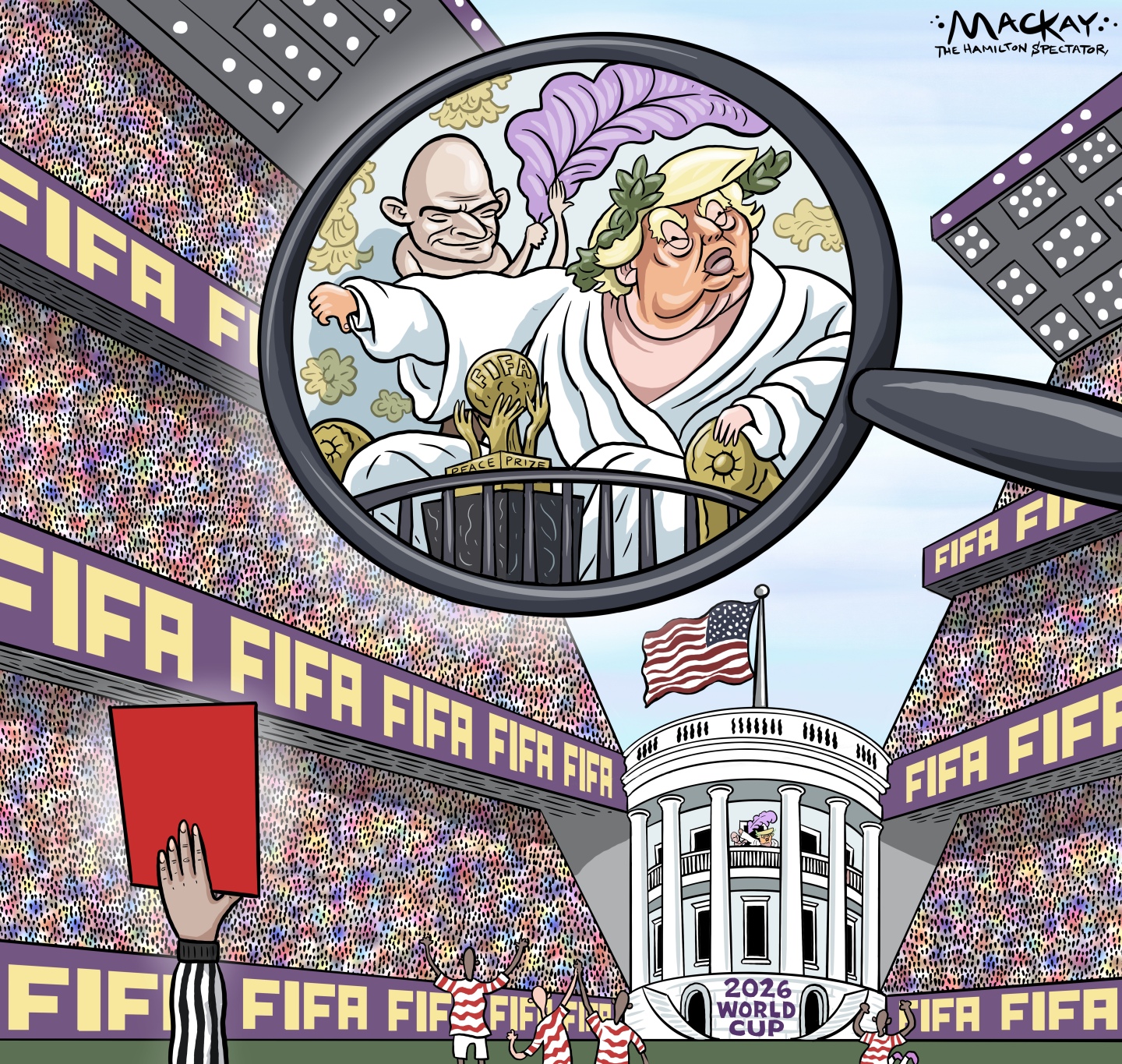 This cartoon depicts a FIFA stadium filled with fans. A referee&amp;rsquo;s hand holds up a red penalty card. There is a building in one corner of the stadium with an American flag that looks like part of the White House. A magnifying glass at the top of the image reveals Donald Trump, dressed like a Roman Emperor, with his thumb pointed down. FIFA president Gianni Infantino is behind Trump fanning him with a feather. Trump sits next to his FIFA peace prize.