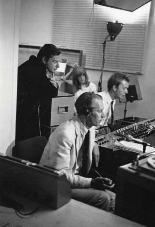 L-R: Brian Epstein, George Martin and Geoff Emerick at Abbey Road Studios, June 1967