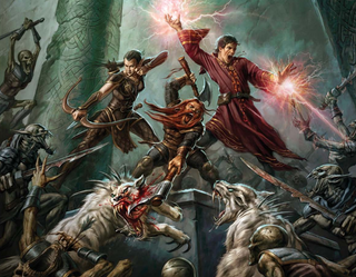 A party of adventurers fighting monsters in the Dragon Age tabletop RPG.
