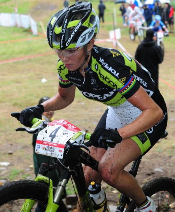 Catherine Pendrel (Luna Women's MTB) riding over a drop-off
