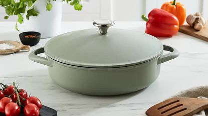 Dunelm cast aluminium casserole dish on kitchen worktop