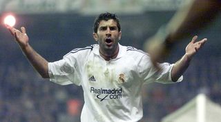 Luis Figo gestures during a match between Real Madrid and Barcelona at the Santiago Bernabeu in 2001.