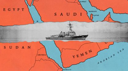 US Navy destroyer against a map of the Middle East and Red Sea