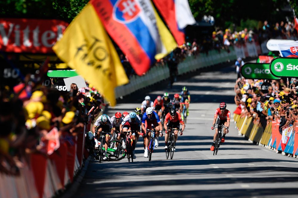 Riders approach the line during stage 4 of the Tour de France