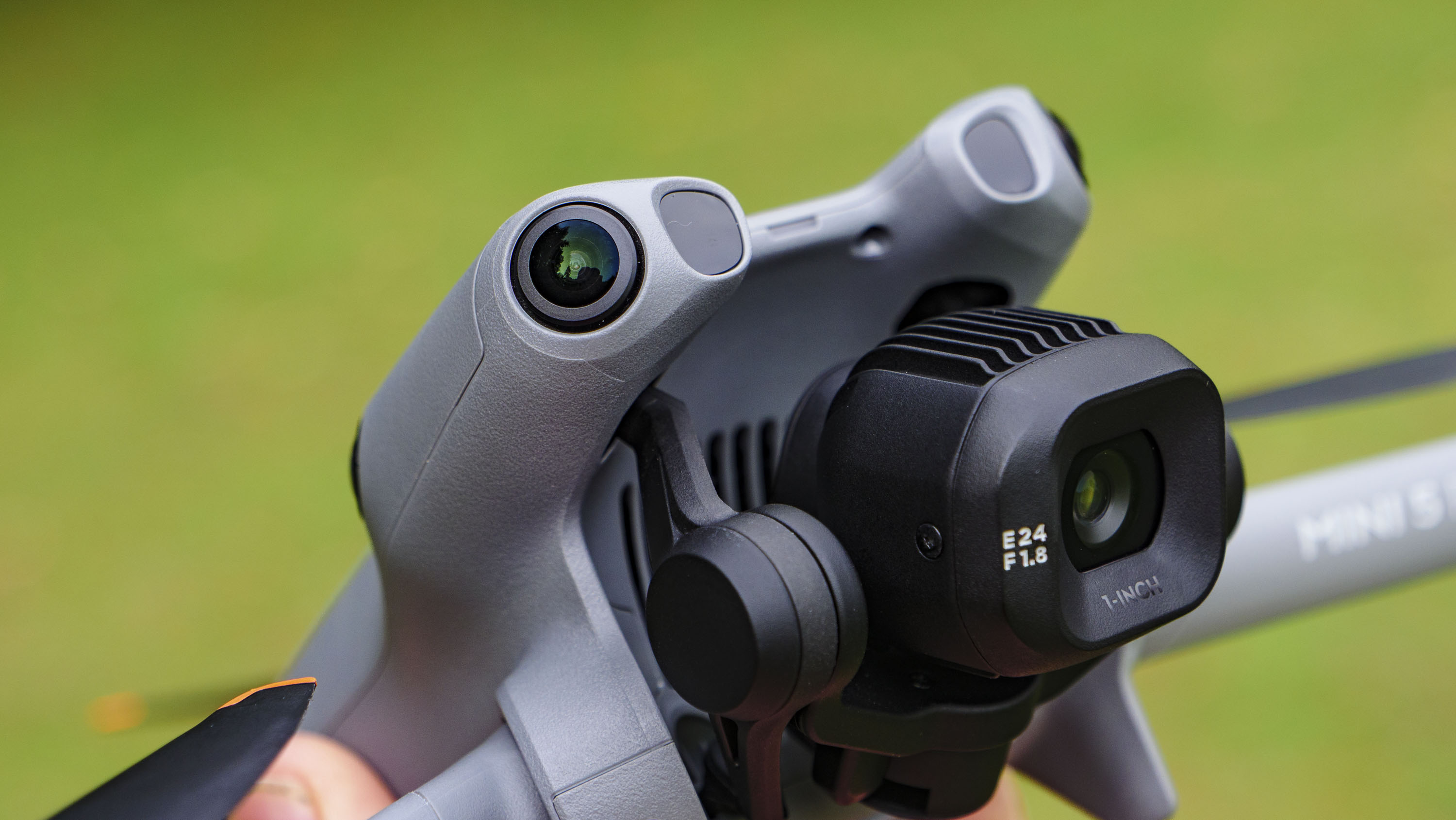 Close up of the DJI Mini 5 Pro drone's LiDAR and object sensing sensors
