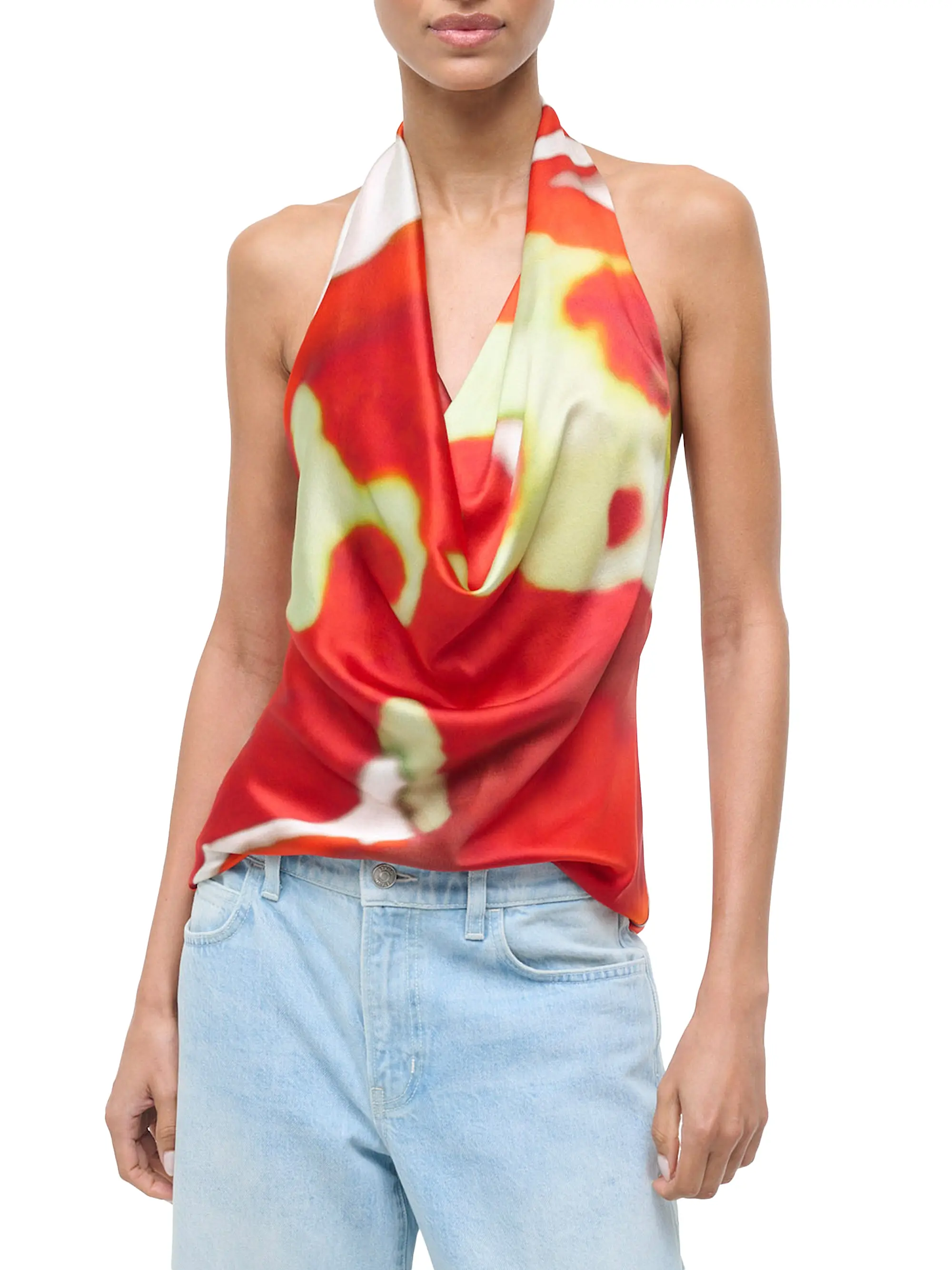 Liora Printed Silk Cowlneck Halter Top