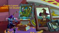 An in-game screenshot of World of Warcraft: Midnight's Murder Row dungeon. An undead NPC wearing a purple hood named Cravitz Lorent stands next to several framed paintings.