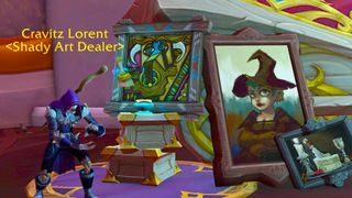 An in-game screenshot of World of Warcraft: Midnight's Murder Row dungeon. An undead NPC wearing a purple hood named Cravitz Lorent stands next to several framed paintings.