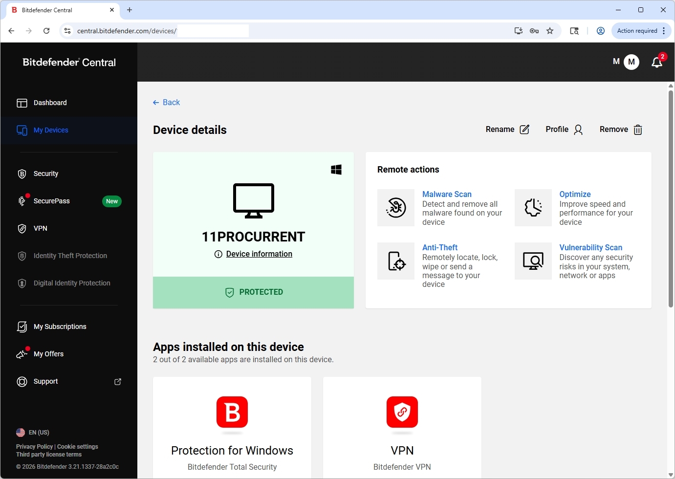Bitdefender Central page