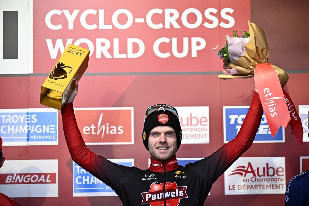 Belgian Eli Iserbyt celebrates on the podium after winning the mens elite race at the World Cup cyclocross cycling event in Troyes France stage 4 out of 14 of the UCI World Cup cyclocross competition Sunday 19 November 2023BELGA PHOTO JASPER JACOBS Photo by JASPER JACOBS BELGA MAG Belga via AFP Photo by JASPER JACOBSBELGA MAGAFP via Getty Images