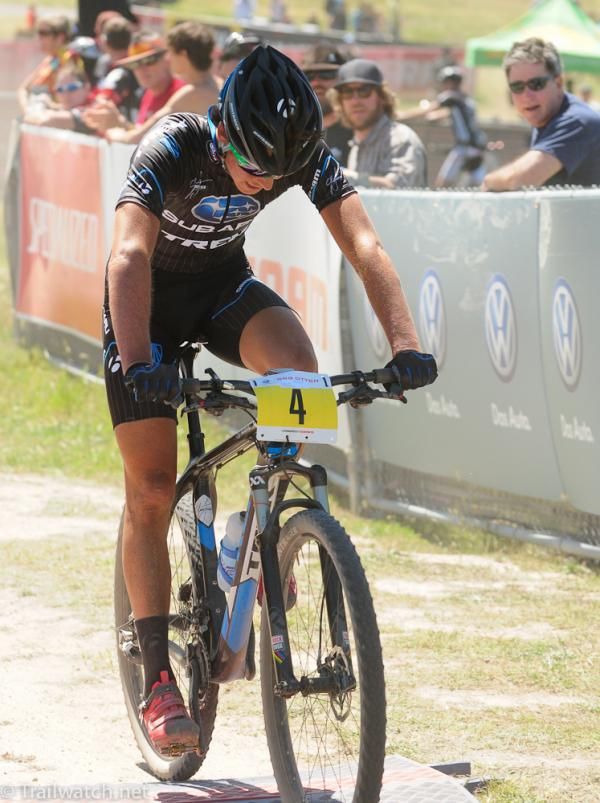 Sam Schultz (Subaru Trek) rolling in second after being caught on the last lap