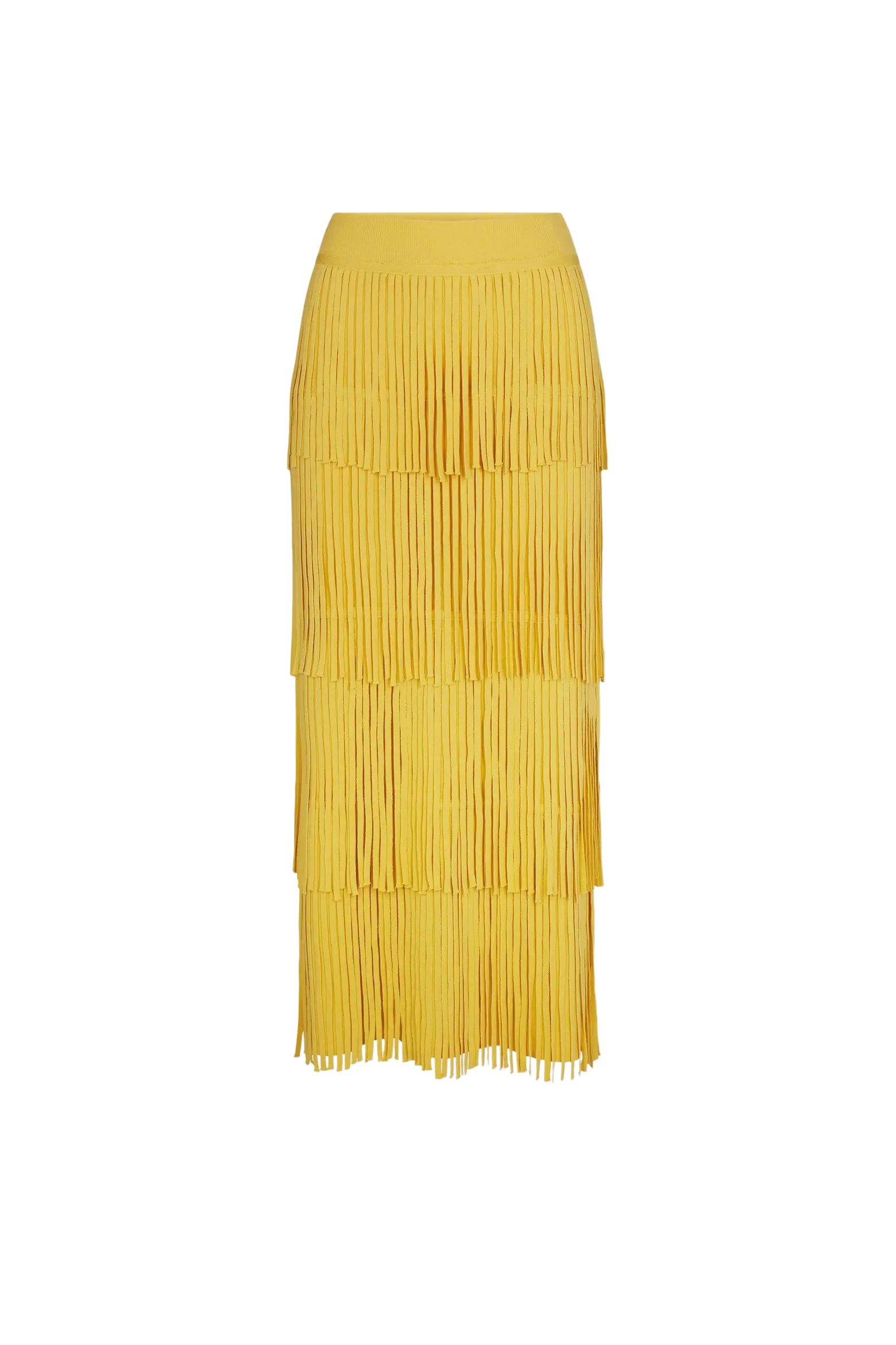 Yellow fringed midi skirt.