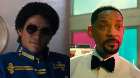 Jaafar Jackson dons one of Michael Jackson's classic looks, a blue stiff-collared jacket with gold embellishments and aviator shades, in the Michael movie, next to Will Smith in a tux in Bad Boys: Ride or Die.