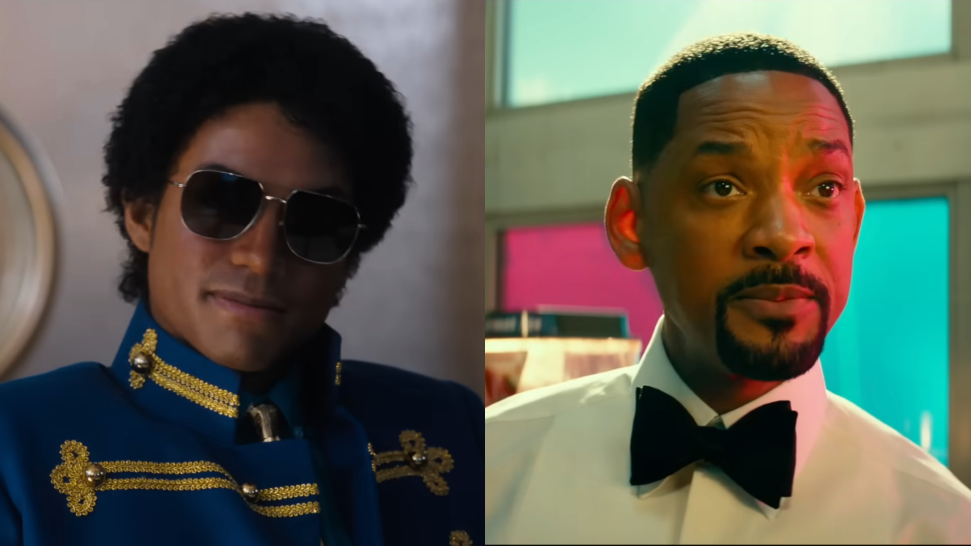 Jaafar Jackson dons one of Michael Jackson's classic looks, a blue stiff-collared jacket with gold embellishments and aviator shades, in the Michael movie, next to Will Smith in a tux in Bad Boys: Ride or Die.