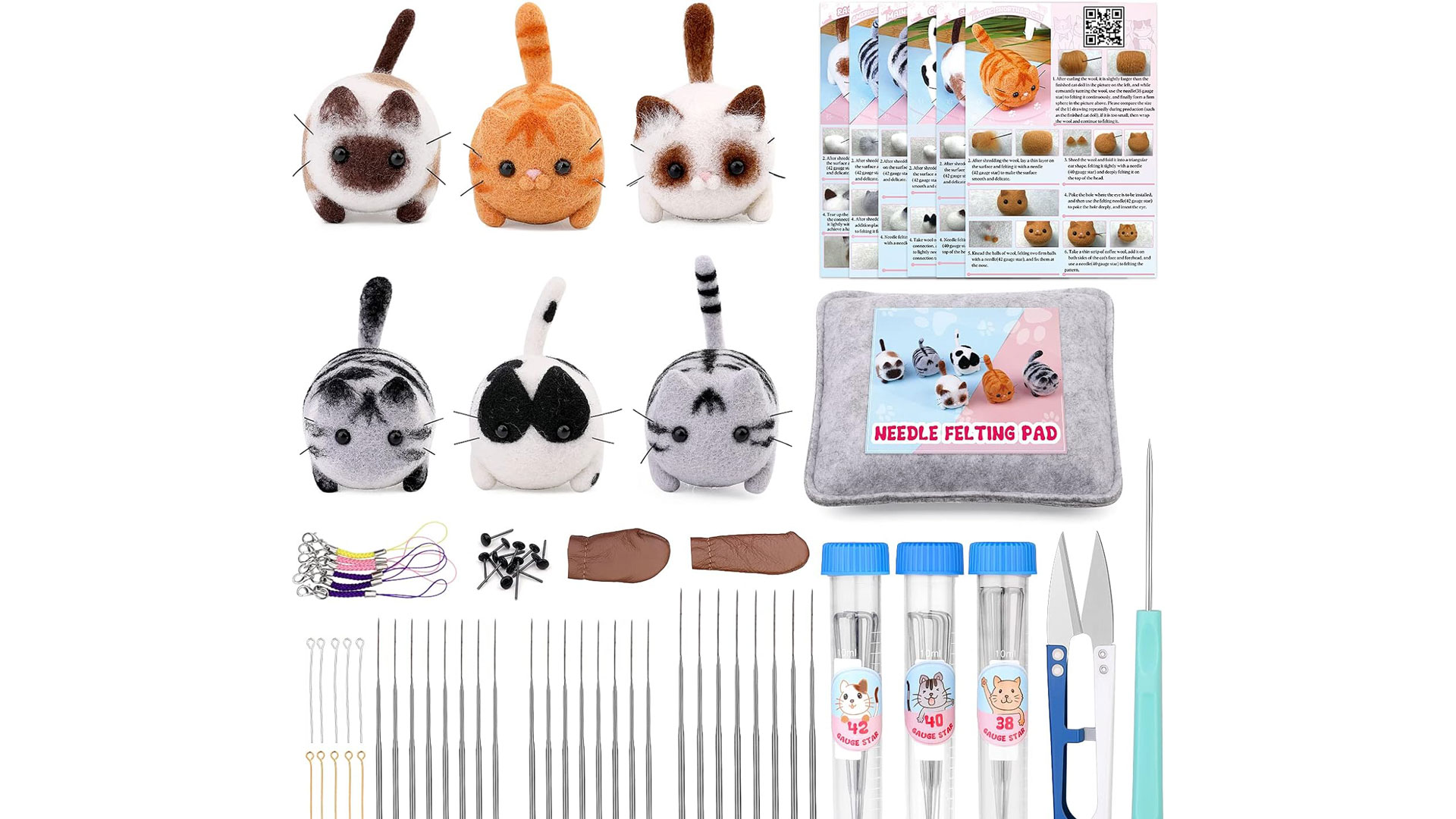 needle felting kit contents including felted cats and needles