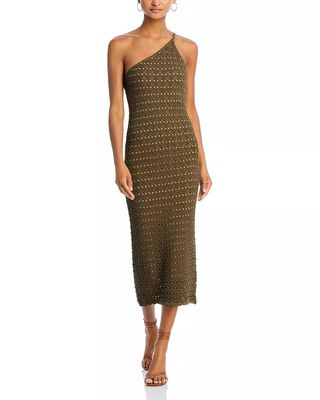 a model wearing an olive green one-shoulder knitted midi dress