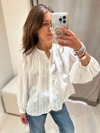 Fashion editor Judith Jones in a white blouse.