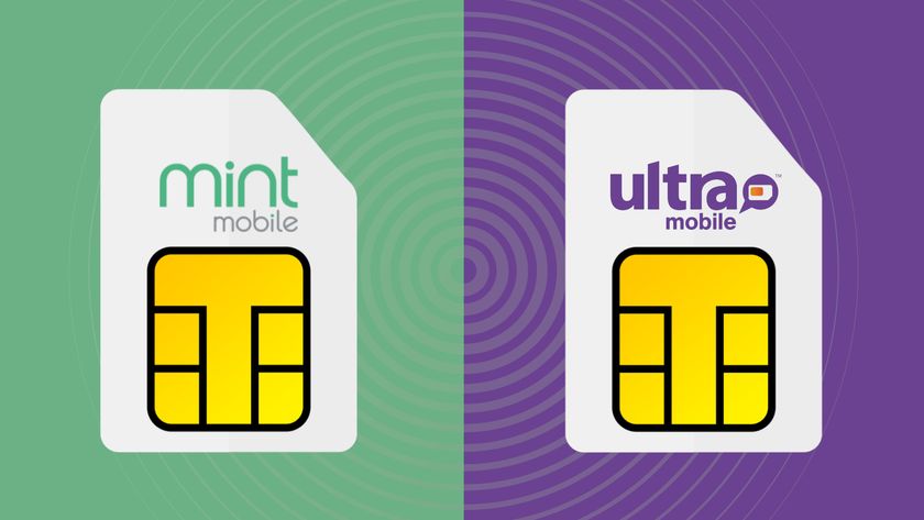 Mint Mobile and Ultra Mobile branded SIM cards on green and purple background