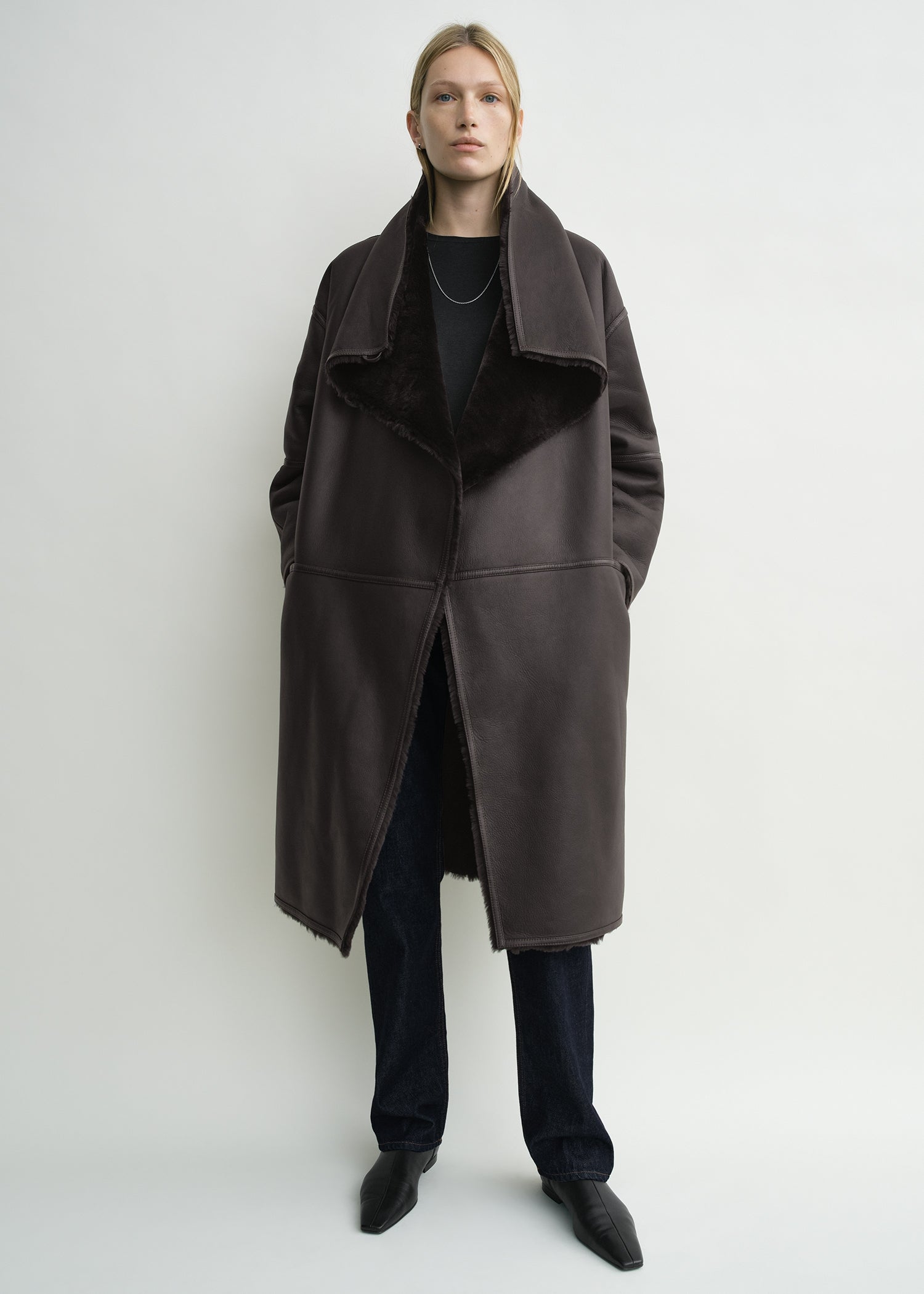 Shearling Wrap Coat Dark Brown