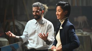 Mark Ballas and Kristen Kish are shown during a challenge on The Traitors Season 4.