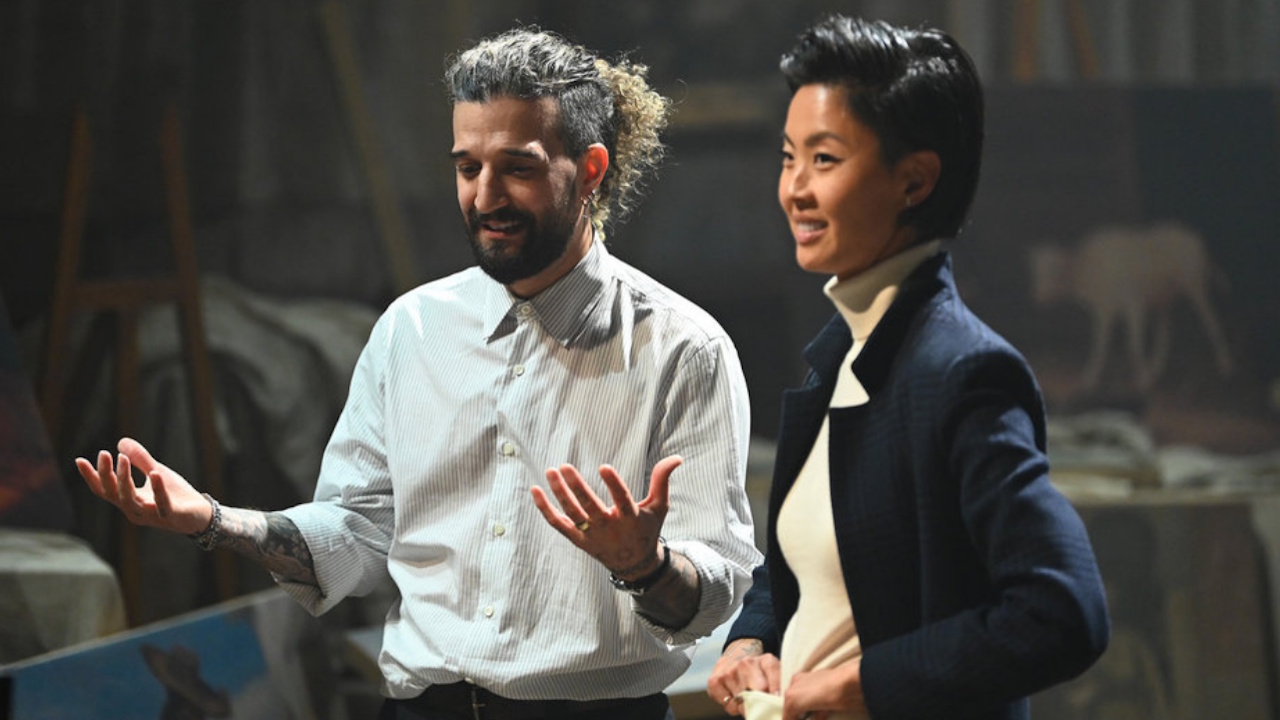 Mark Ballas and Kristen Kish are shown during a challenge on The Traitors Season 4.