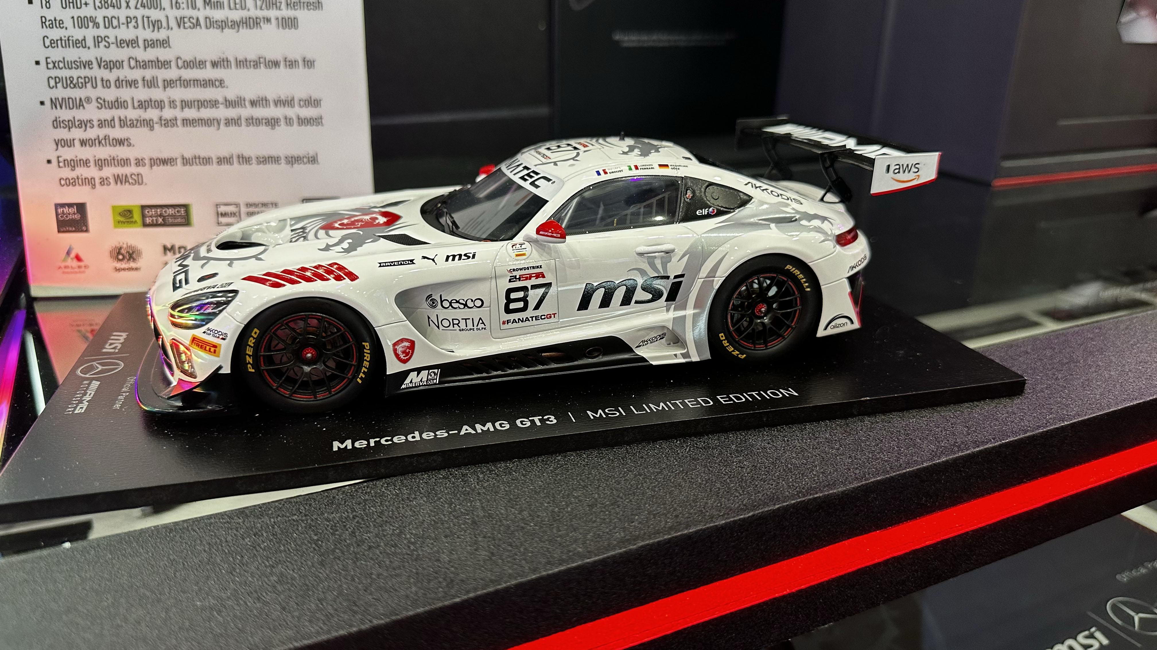 Mercedes AMG GT3 model car accessory, part of the MSI Stealth 18 Mercedes-AMG Motorsport accessories line at Computex