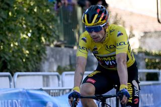 Team Jumbo rider Slovenias Primoz Roglic wearing the overall leaders yellow jersey crosses the finish line of the 8th stage of the 79th Paris Nice cycling race 93 km between Le PlanDuVar and Levens on March 14 2021 Photo by AnneChristine POUJOULAT AFP Photo by ANNECHRISTINE POUJOULATAFP via Getty Images