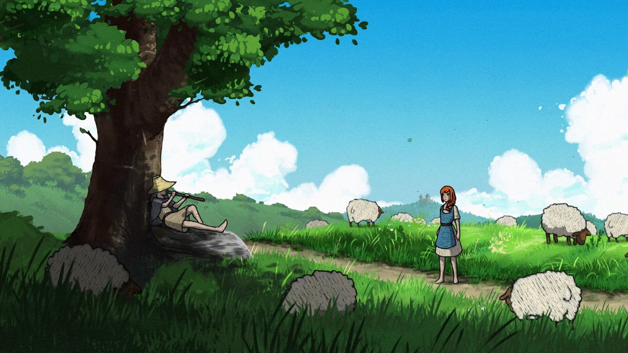 Young woman walks through a vibrant field full of sheep