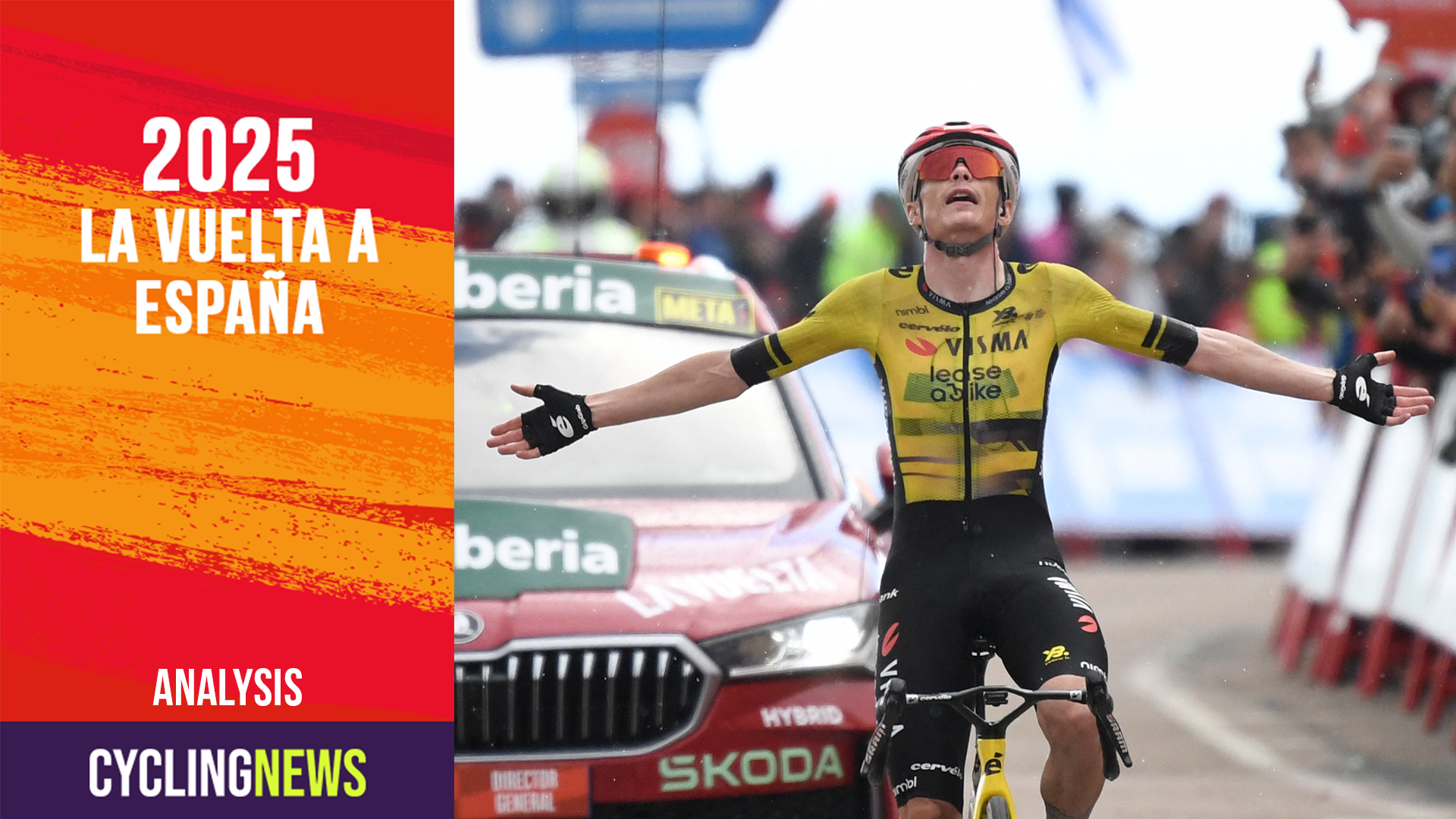 Team Visma-Lease a bike&#039;s Danish rider Jonas Vingegaard celebrates crossing first the finish line of the 9th stage of the Vuelta a Espana, a 195 km race between Alfaro and Valdezcaray, on August 31, 2025. (Photo by ANDER GILLENEA / AFP) (Photo by ANDER GILLENEA/AFP via Getty Images)