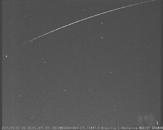 The falling Russian spacecraft Progress 59 is seen streaking overhead in this view from the Brazilian Meteor Observers Network (BRAMON) on May 2, 2015. The spacecraft is expected to fall to Earth overnight on May 7/8.