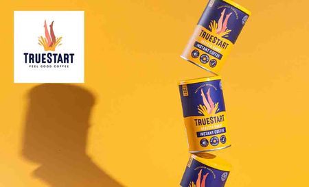 true start logo top left with a picture of three coffee tubs and mustard background