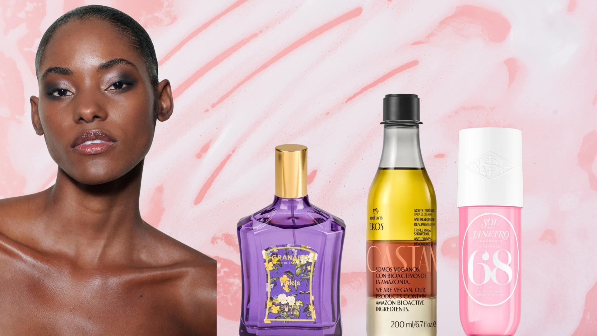 A woman with glowing skin wearing an off the shoulder top in front of a pink background that has soap suds on it. She in next to three beauty products from Brazilian brands.