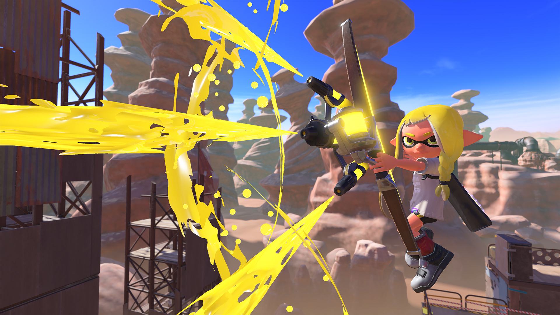 An Inkling fires off a shot from a new crossbow weapon in Splatoon 3