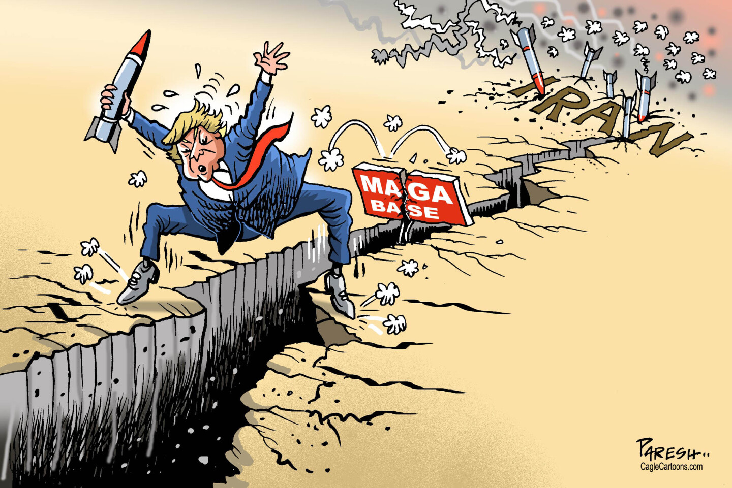 Donald Trump is pictured holding a missile as he tries to straddle a widening gap in the ground labeled &amp;ldquo;MAGA BASE.&amp;rdquo; The gap begins in Iran, where more missiles have landed.