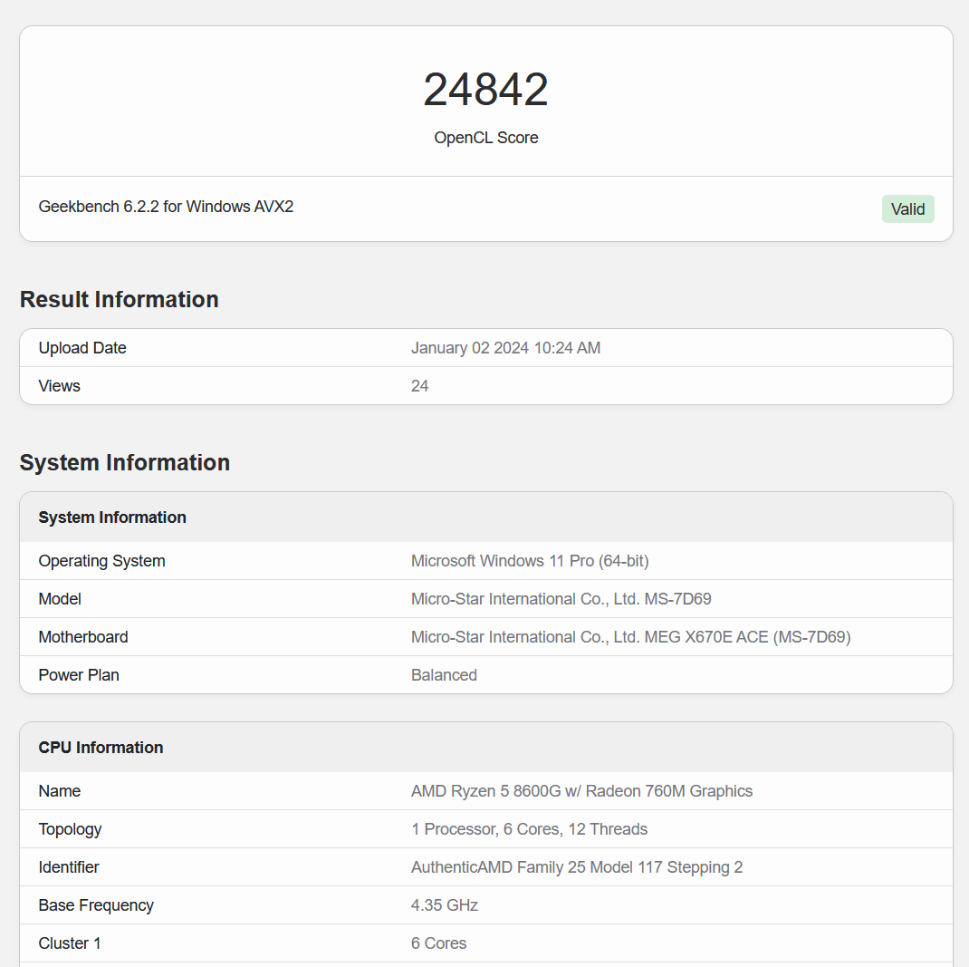Ryzen 5 8600G Geekbench 6 Benchmarks/Specs