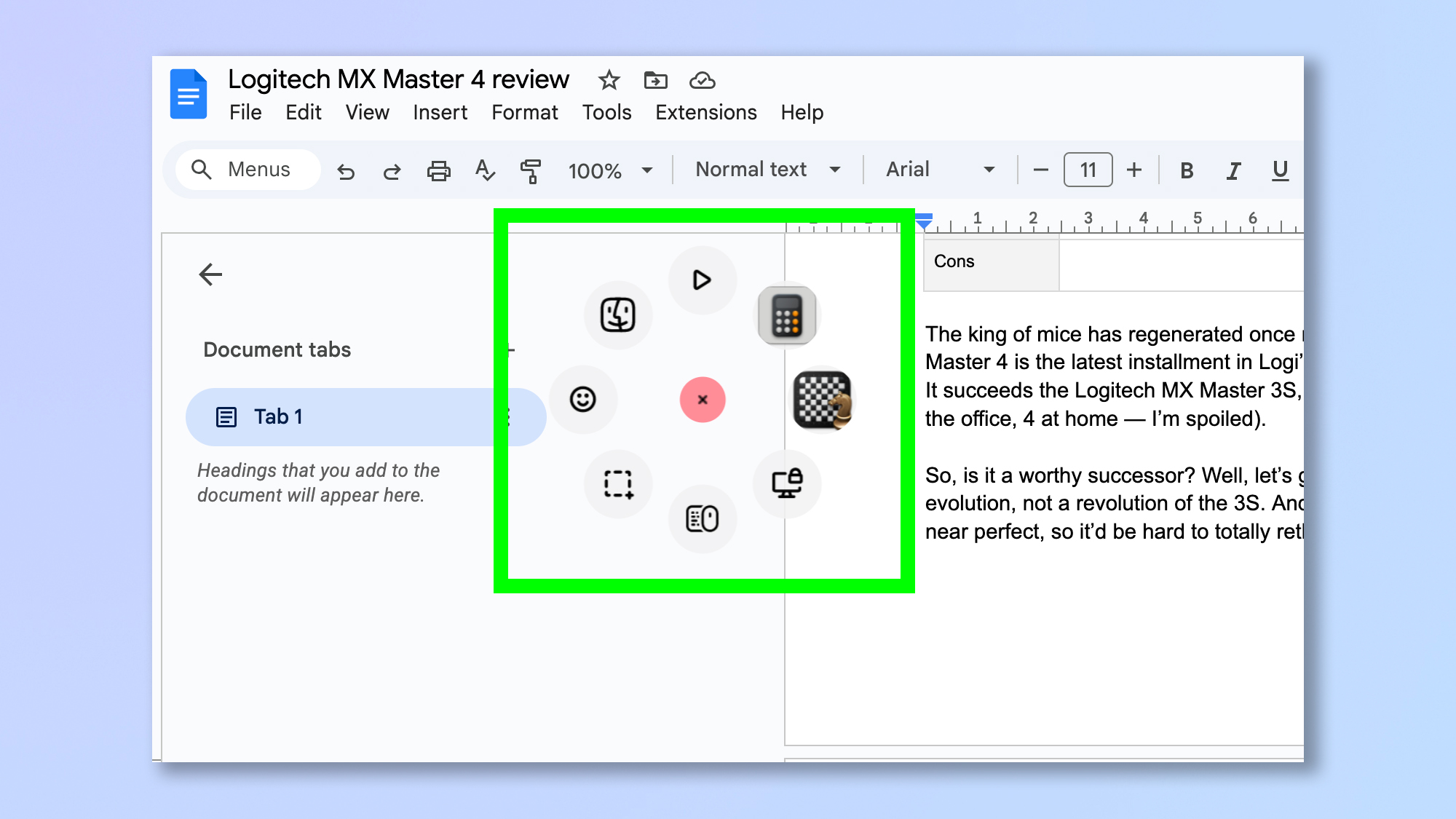 A screenshot showing the Logitech MX Master 4 software control ring on a screen