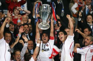 Paolo Maldini lifts the Champions League trophy after AC Milan's win over Liverpool in the 2007 final.