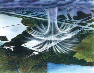 Illustration of a microburst. The air moves in a downward motion until it hits ground level, then spreads outward in all directions.