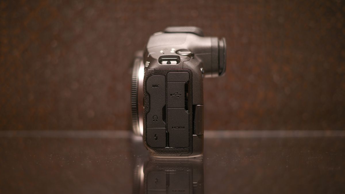Canon EOS R5 Mark II against a dark background