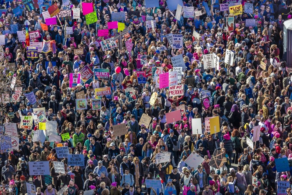 An aerial view of the Women&#039;s March on Jan. 21, 2017, in Los Angeles, California.