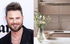 A split image with a headshot of Bobby Berk and a photo of a vase of flowers in a kitchen 