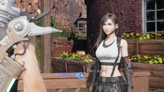 FF7 Rebirth romance guide - Tifa standing outside of the mushroom merchant's stall in Gongaga