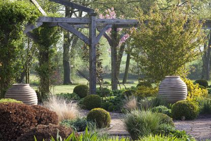 formal garden with beds featuring evergreens