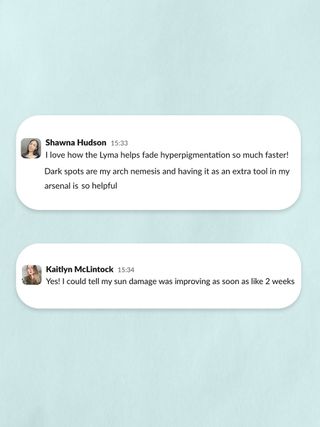 Slack conversation between two beauty editors about the benefits of the Lyma Laser.