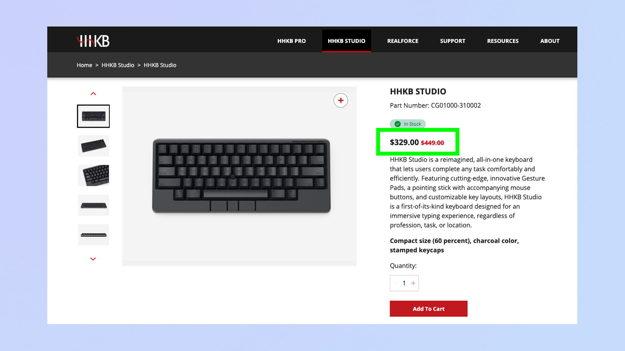 A screenshot of the HHKB Studio store page with an advertised discount highlighted