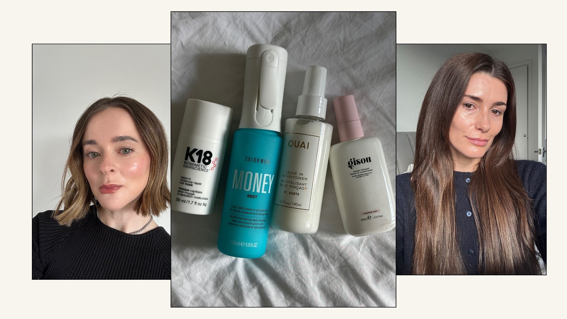 Graphic with editor selfies and a photo of some of the best leave-in conditioners we have tried from K18, Color Wow, Ouai and Gisou
