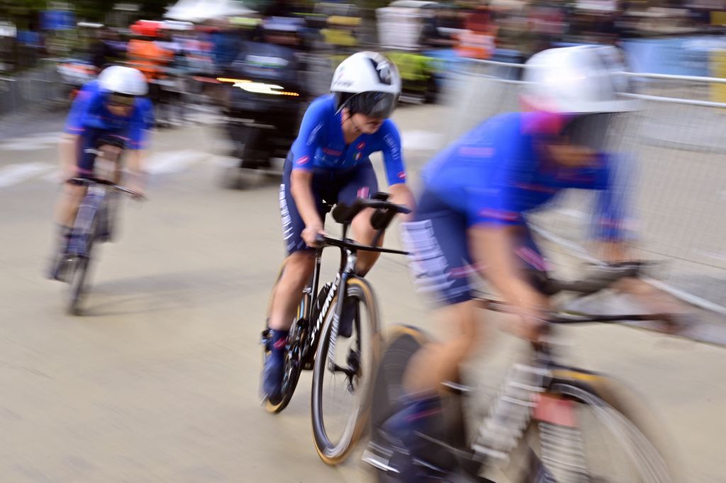 Italy Female Team Elena Cecchini, Vittoria Guazzini and Gaia Masetti pictured in action during the time trial mixed relay elite at the European Championship 2024